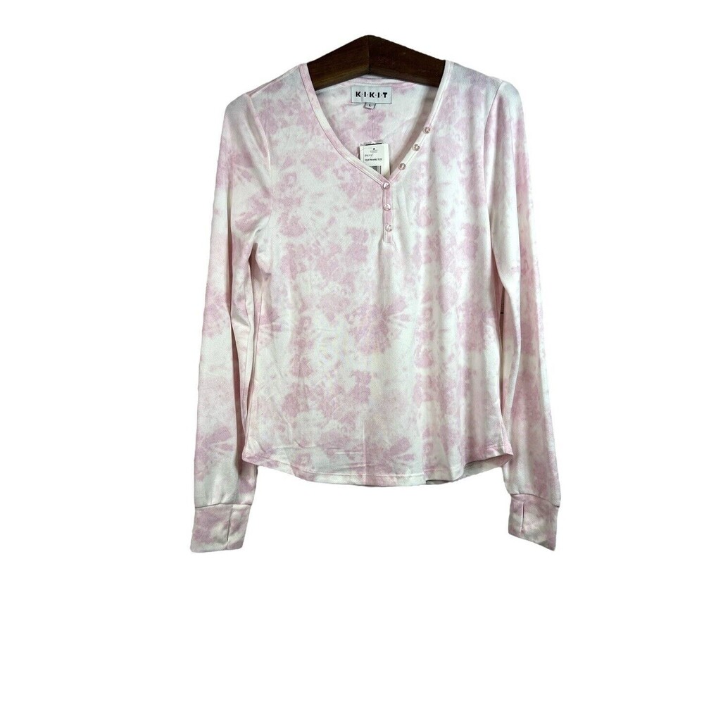 Kikit Women’s Pink White Tie Dye Long Sleeve Shirt Loungewear Size L NWT